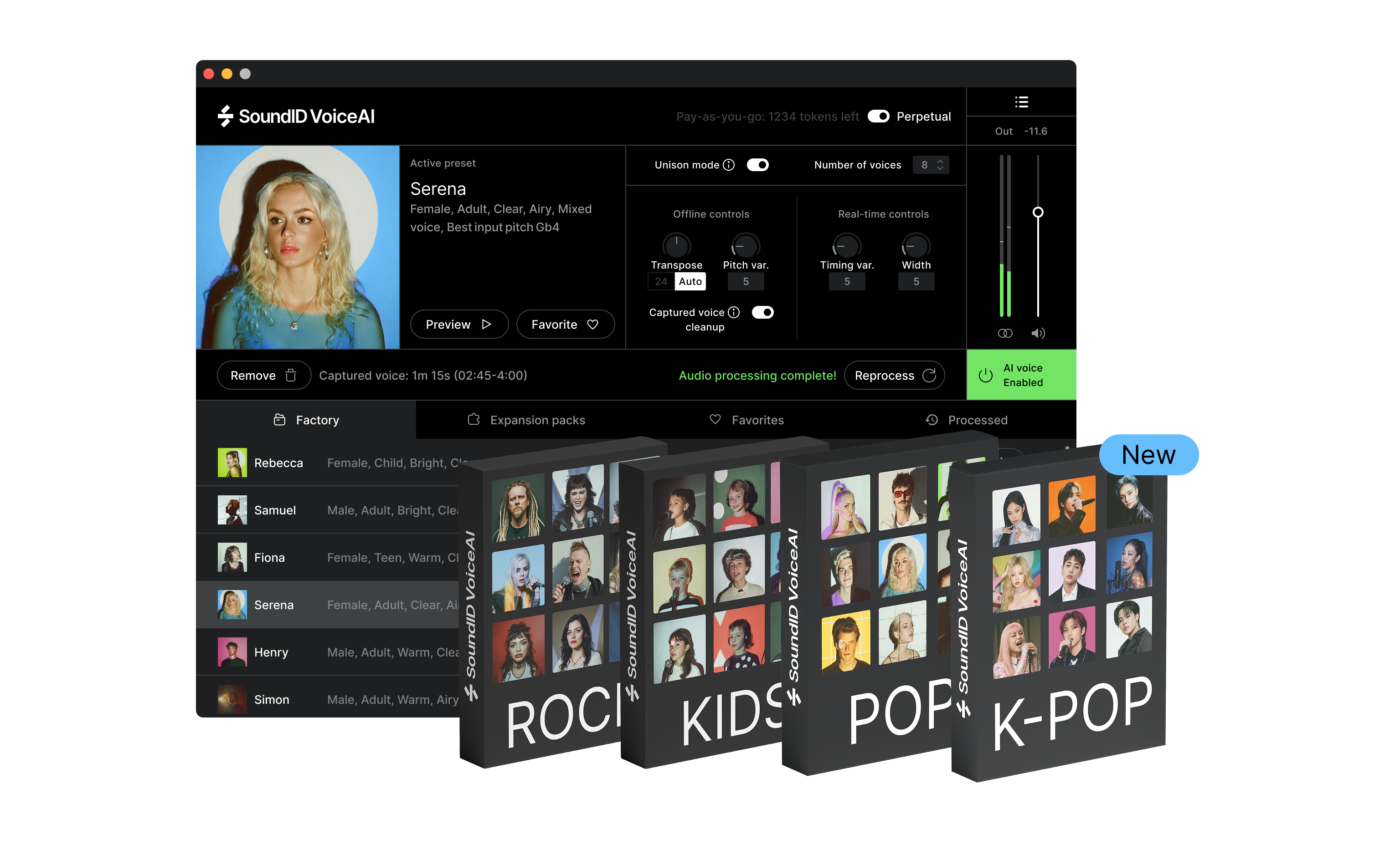 SoundID VoiceAI software interface showing the Serena female voice preset with real-time pitch, timing, and unison controls, plus genre voice packs.