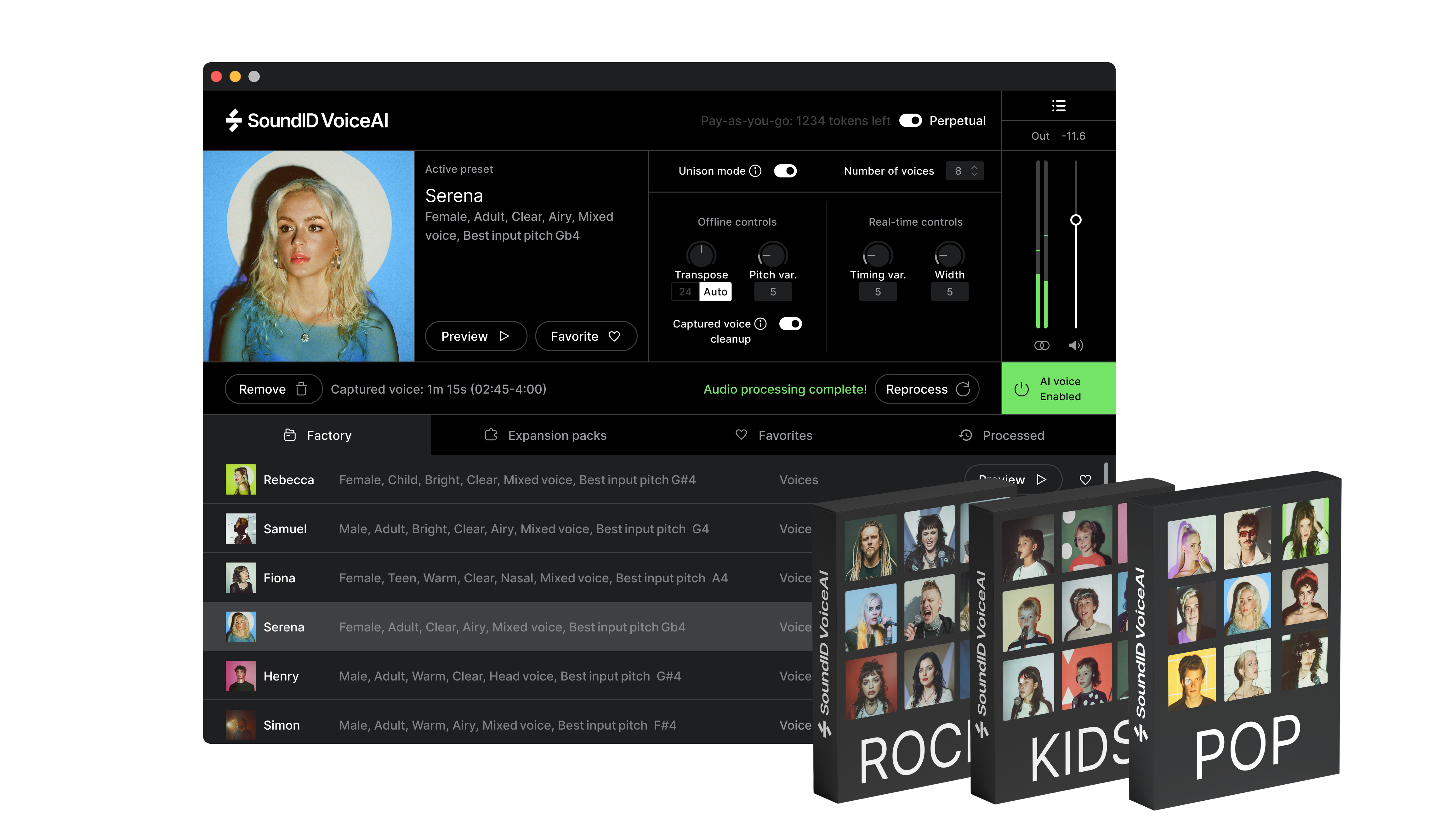 SoundID VoiceAI DAW plugin interface with preset "Serena," meters and unison controls, plus Rock, Kids and Pop voice expansion packs.
