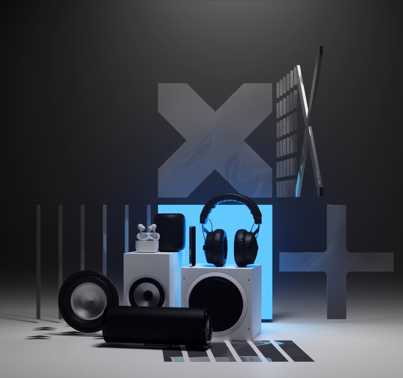 Modern audio devices including over‑ear headphones, earbuds, speakers, and a soundbar arranged in a stylized setup representing immersive SoundID sound technology.