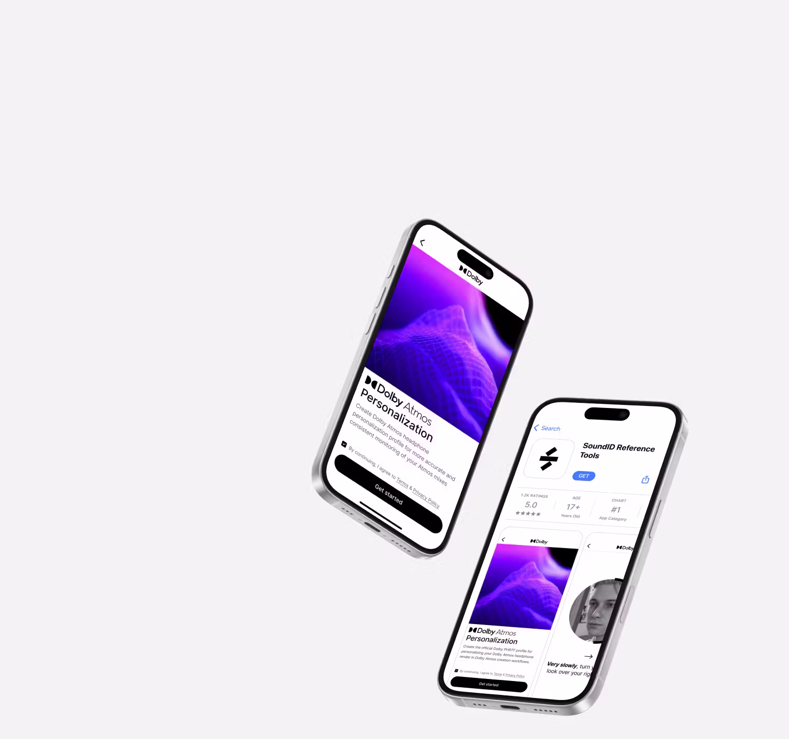 Two smartphones displaying Dolby Atmos Personalization and SoundID Tools app screens for headphone calibration and spatial audio setup.