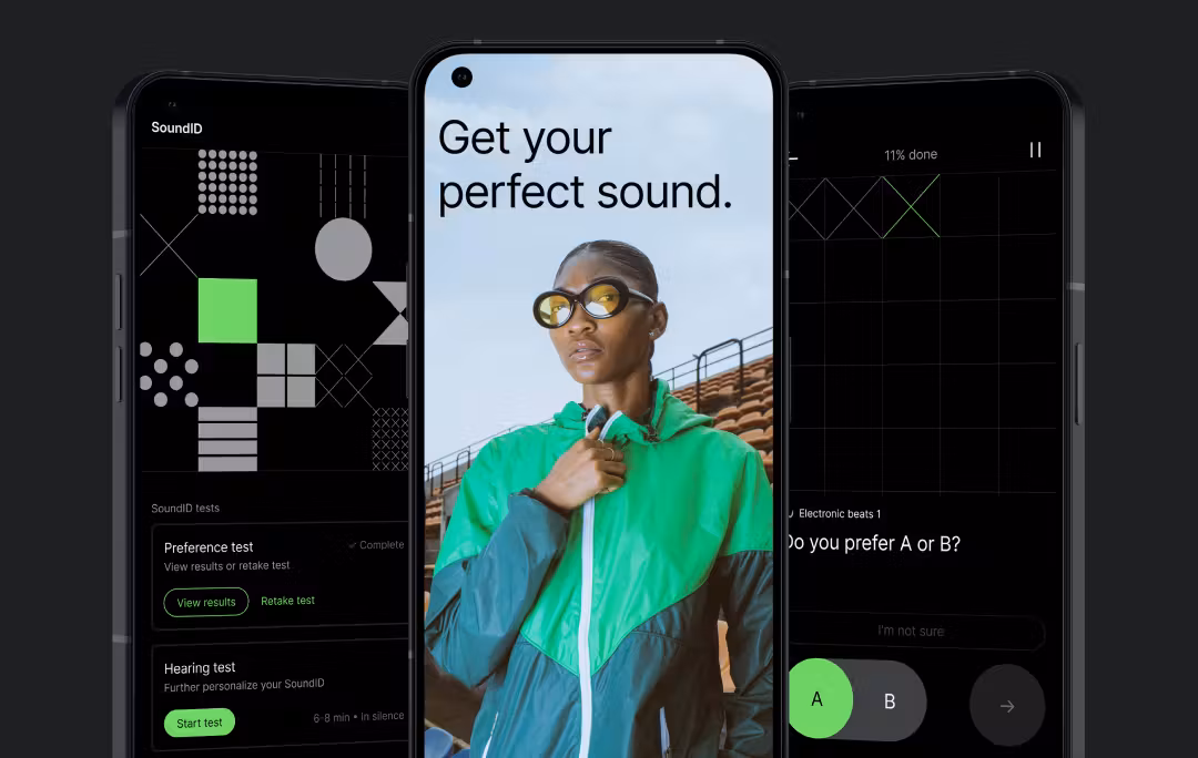SoundID mobile app interface showing personalized sound profile adjustment screen on smartphone, illustrating audio customization features and modern UI design by Sonarworks.