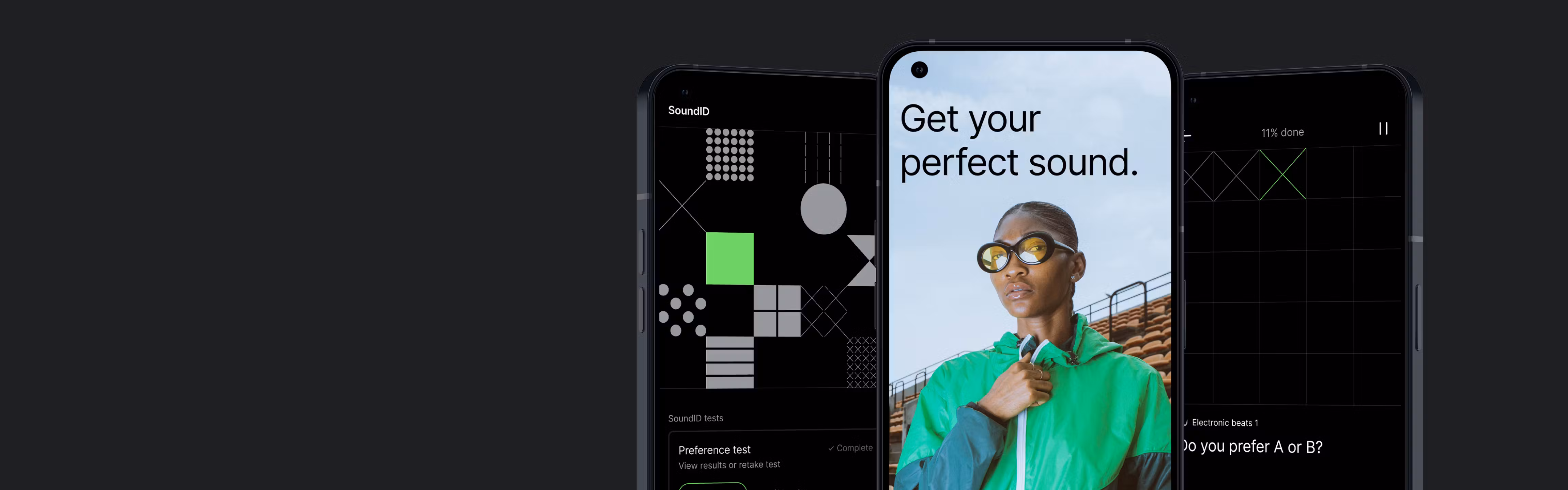 SoundID mobile app interface showing personalized sound profile adjustment screen on smartphone, illustrating audio customization features and modern UI design by Sonarworks.