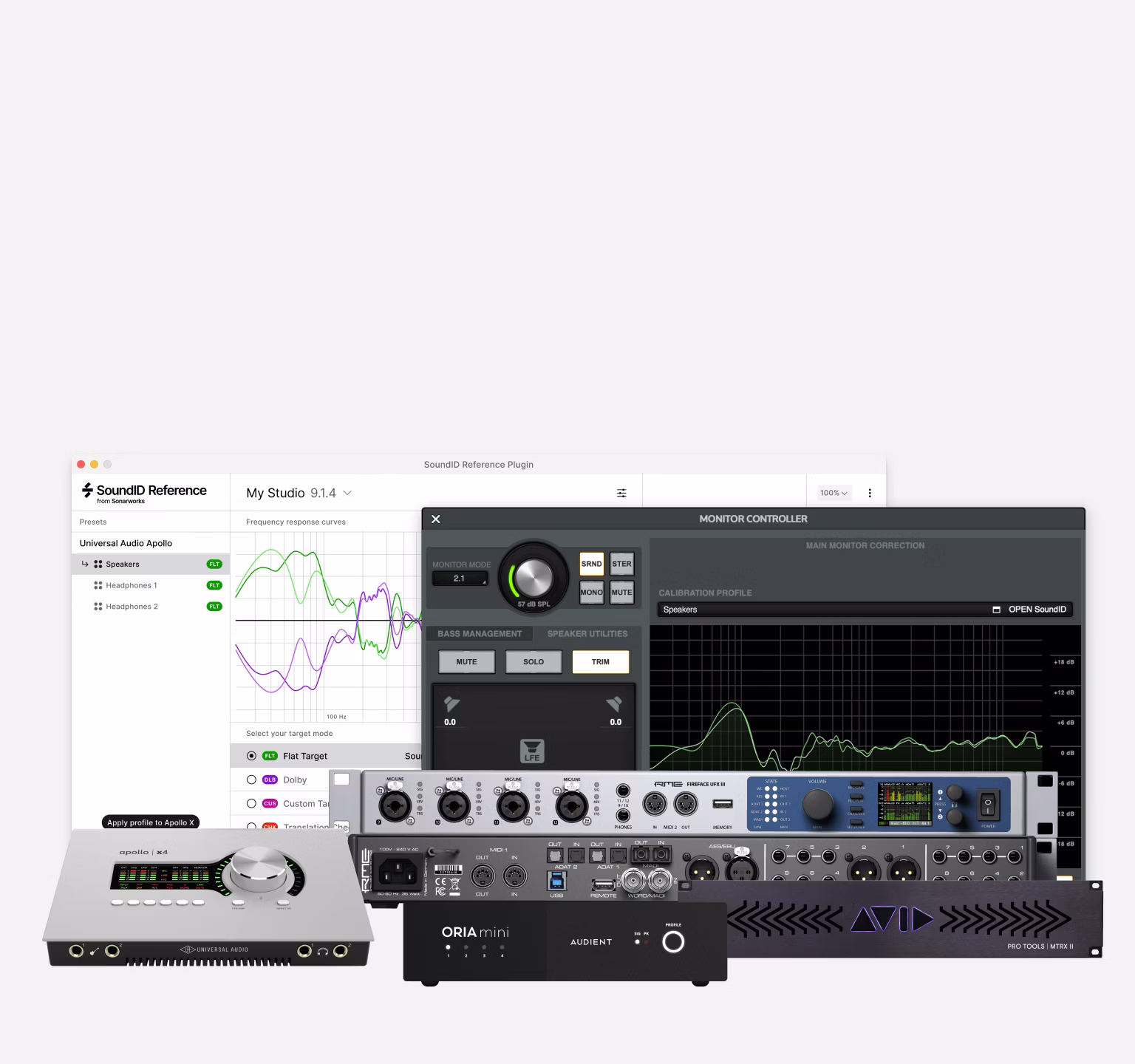 SoundID Reference plugin with frequency response graphs and monitor controller alongside studio audio interfaces used for speaker calibration.