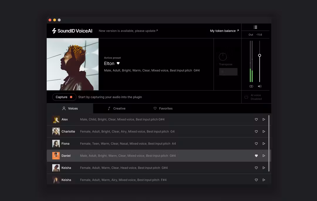 SoundID VoiceAI DAW plugin interface labeled “Elton” showing AI-driven vocal processing and intelligent mix enhancement tools within a digital audio workstation by Sonarworks.
