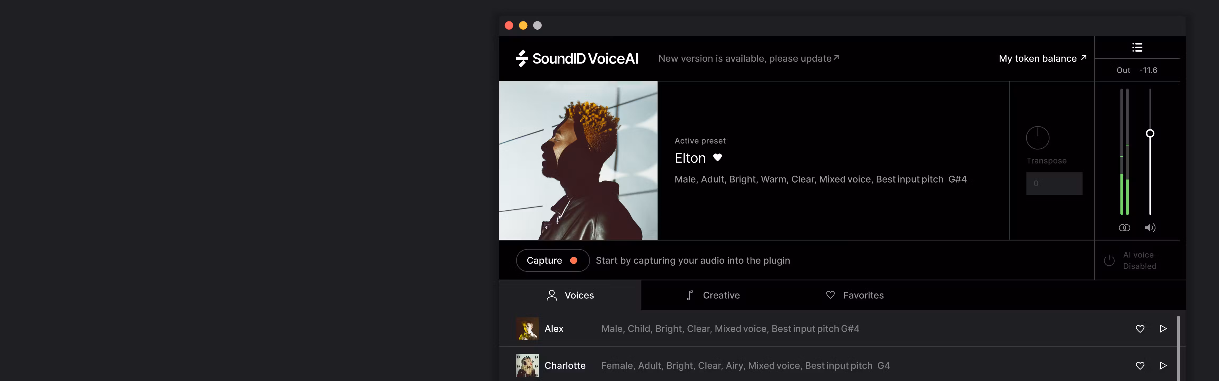 SoundID VoiceAI DAW plugin interface labeled “Elton” showing AI-driven vocal processing and intelligent mix enhancement tools within a digital audio workstation by Sonarworks.