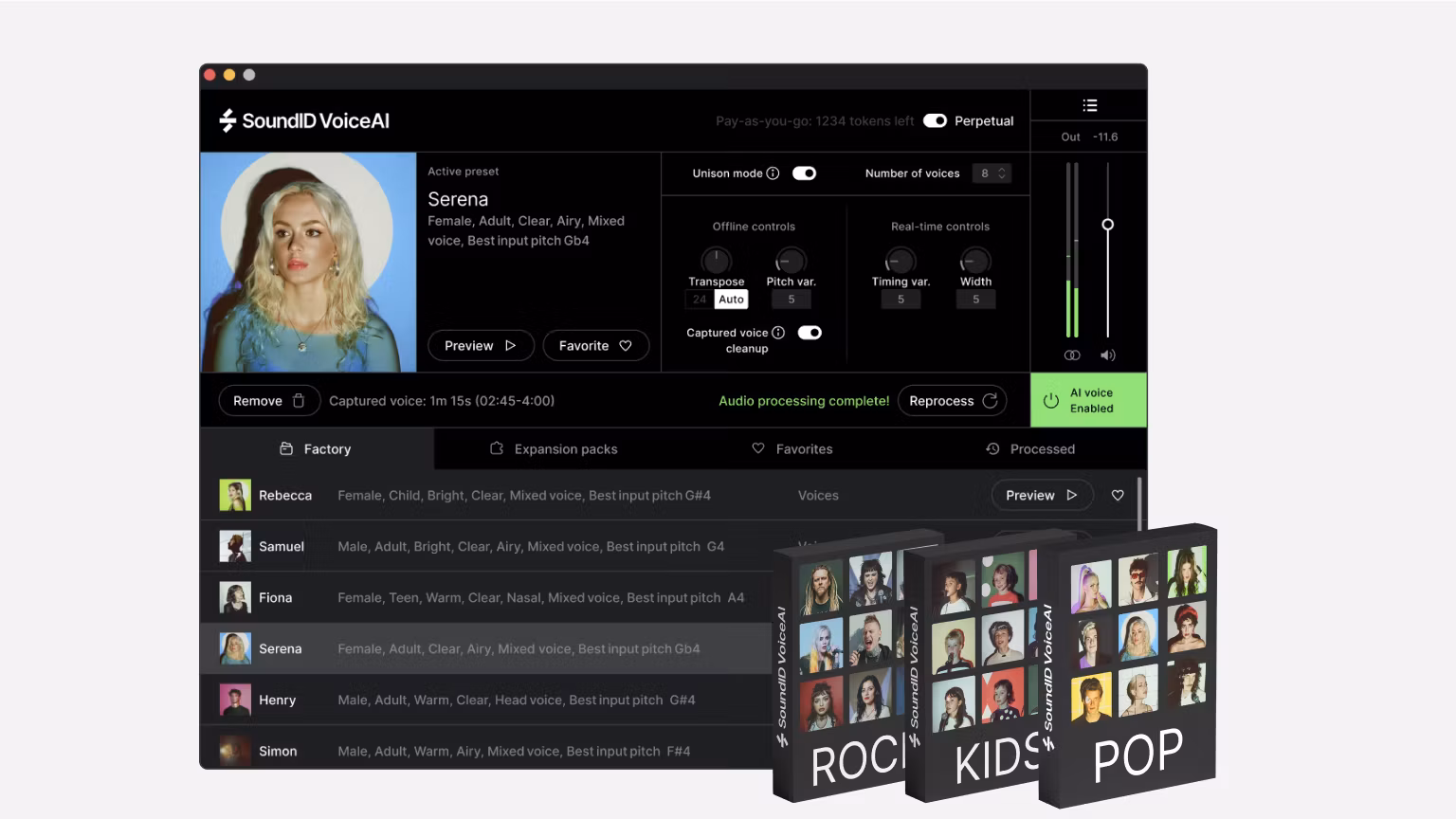 SoundID VoiceAI plugin interface with voice model selection for vocal production