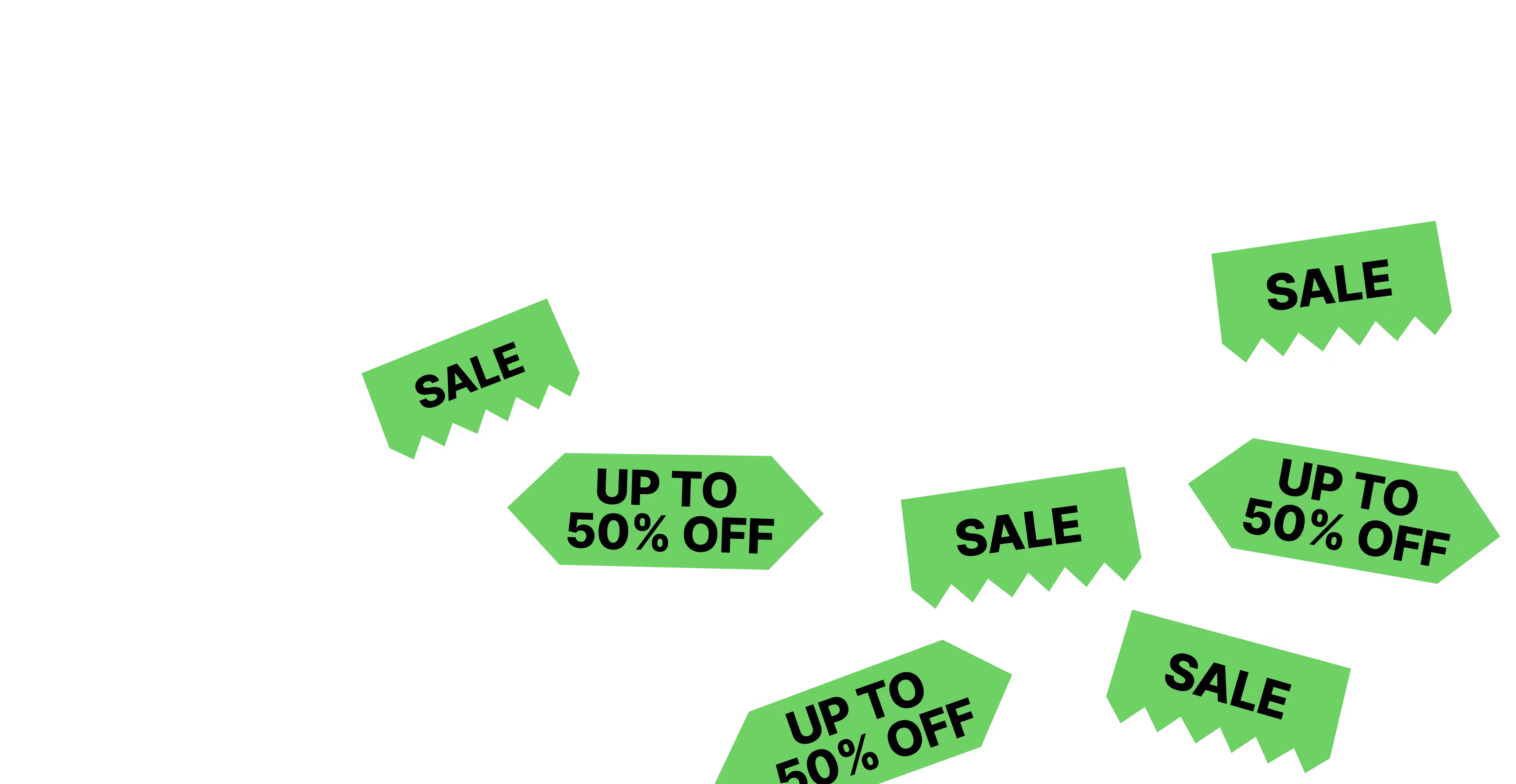 Bright green folded sale tags with bold black text reading "SALE" and "UP TO 50% OFF" scattered on a transparent background, suitable for Black Friday or seasonal discount promotion design.