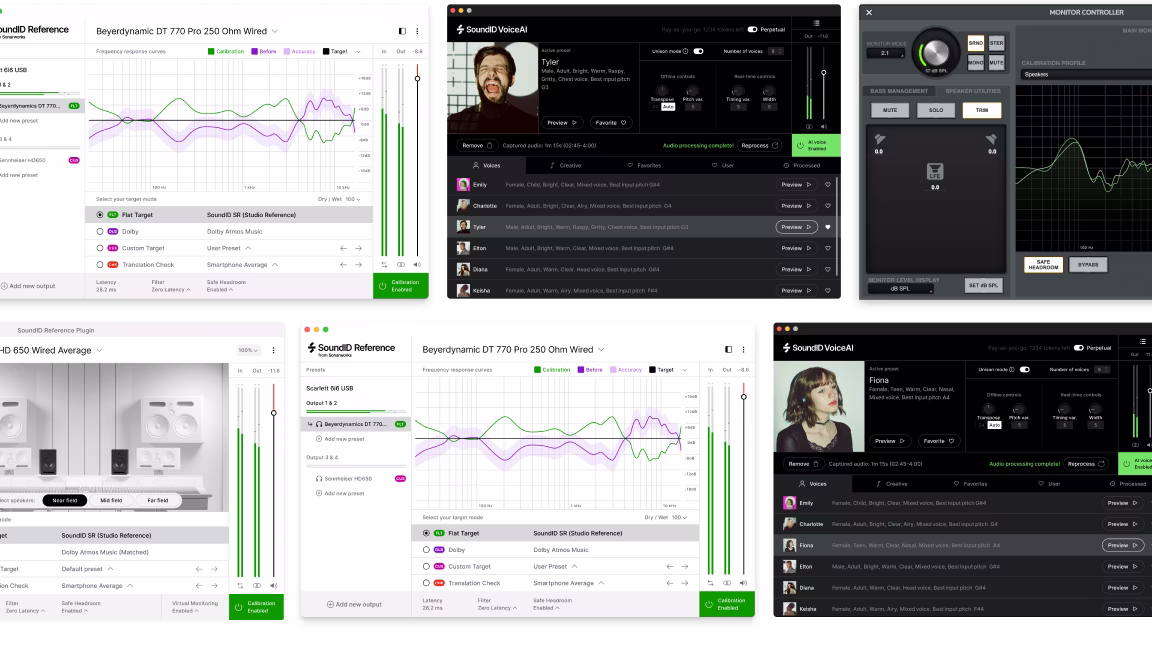 Collage of SoundID Reference and VoiceAI software screenshots showing calibration graphs, plugin views, and monitoring controls on a black background.