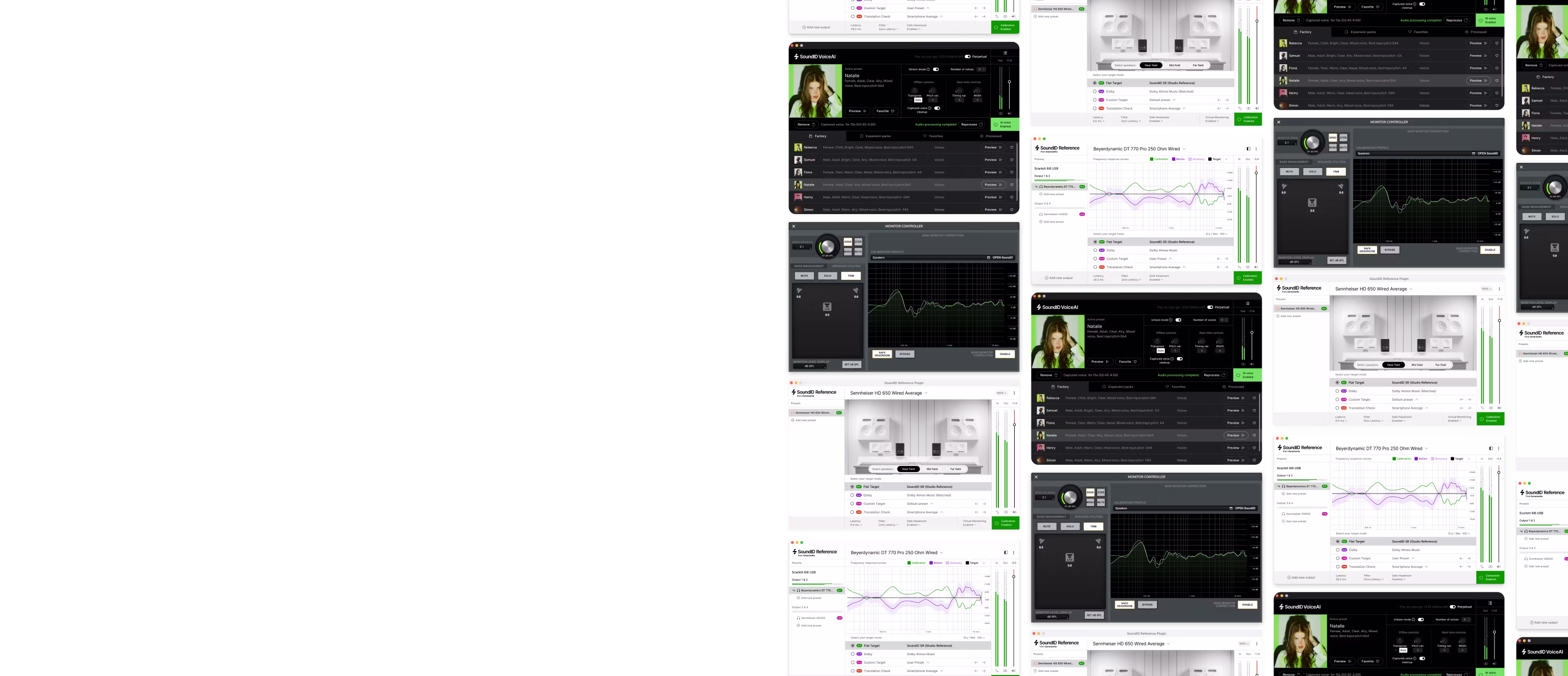Collage of SoundID Reference and VoiceAI software screenshots showing calibration graphs, plugin views, and monitoring controls on a black background.