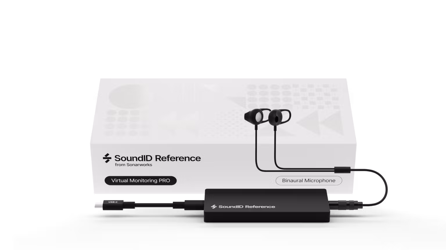 SoundID Reference Virtual Monitoring PRO box with black binaural microphone and USB-C adapter displayed on a white background.
