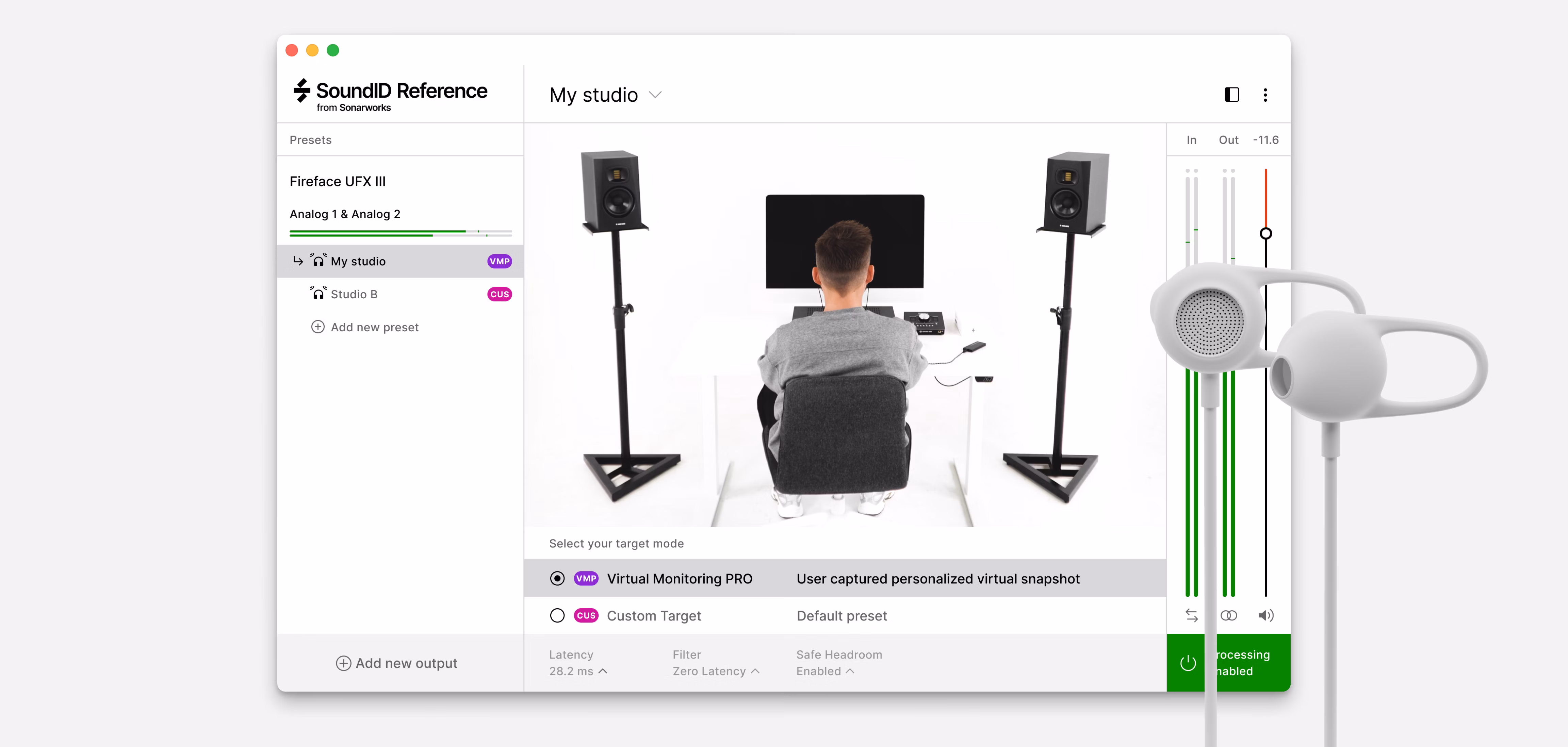 SoundID Reference Virtual Monitoring PRO interface showing studio setup with speakers and person mixing at desk, combined with close-up of white in-ear monitoring earbuds.