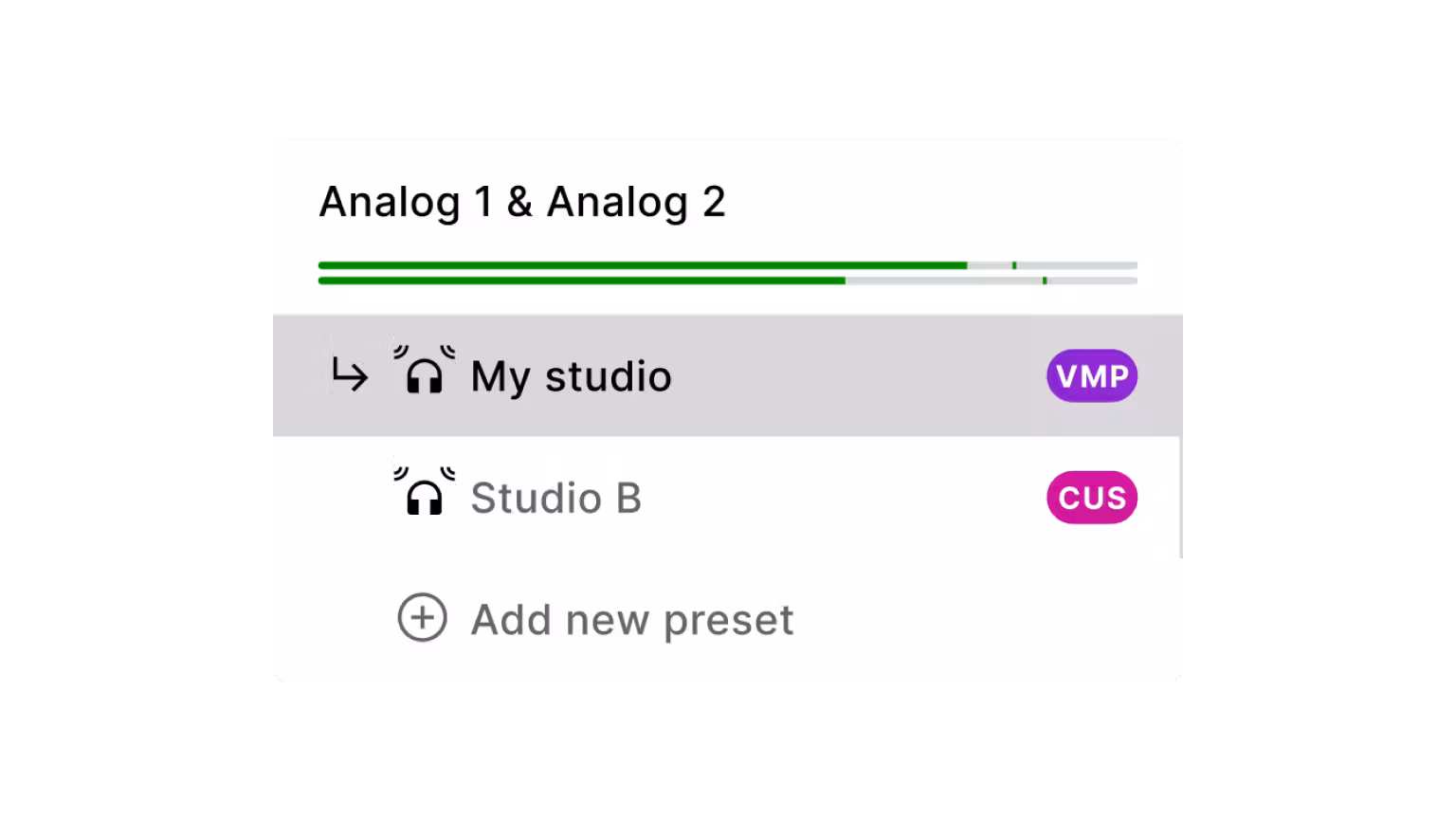 Close-up of SoundID Reference software preset panel showing “My studio” and “Studio B” monitoring profiles with VMP and CUS labels and green audio level bars.