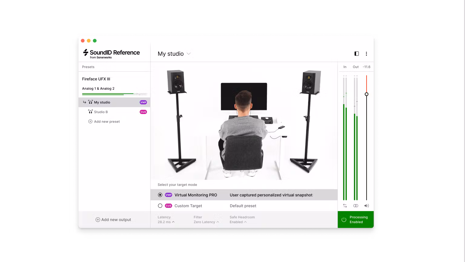 SoundID Reference software window showing a person seated in a white studio between two speakers, configuring the Virtual Monitoring PRO mode on screen.