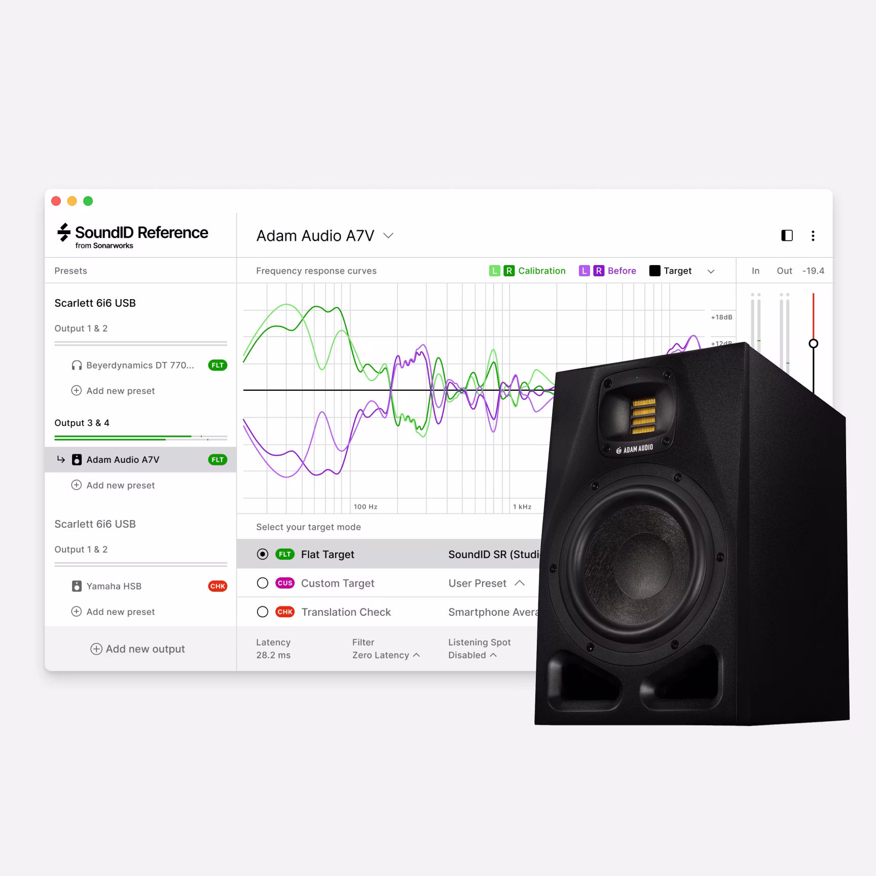 Adam Audio A7V studio monitor placed in front of the SoundID Reference interface showing calibration, before and target frequency-response curves for speaker tuning.