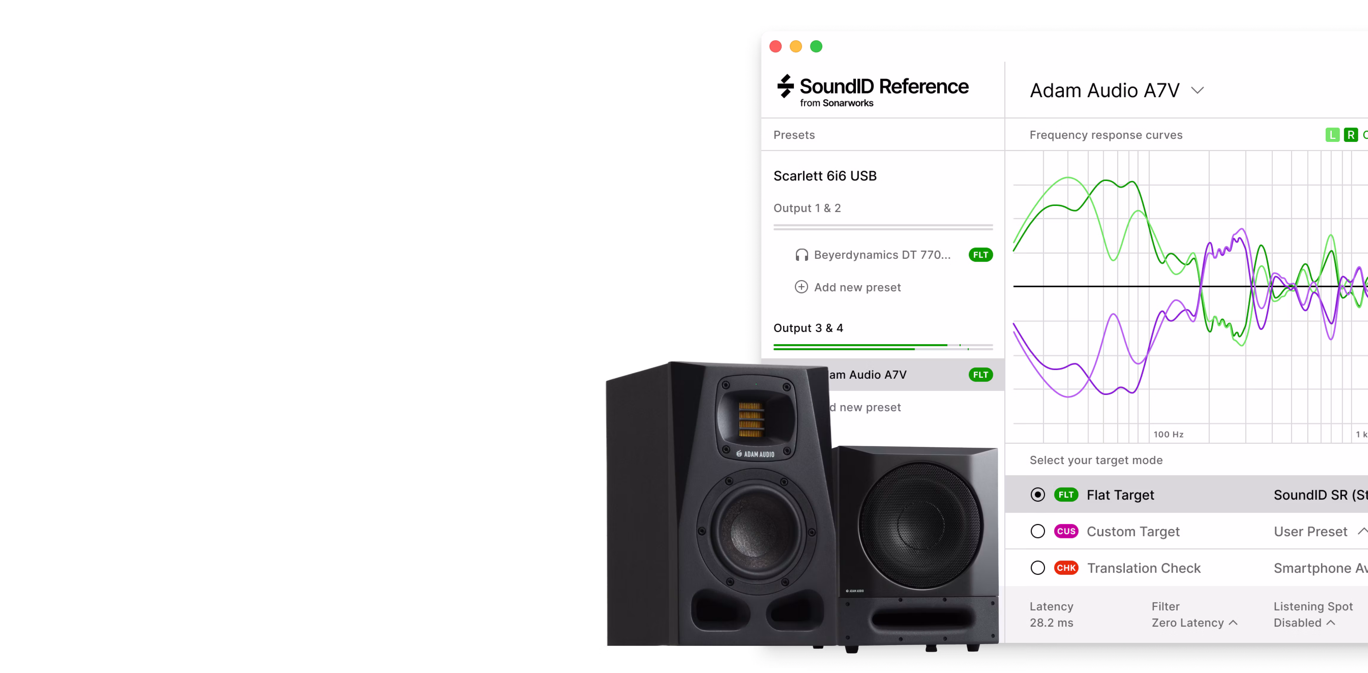ADAM Audio A7V monitor and Sub PRO subwoofer with the SoundID Reference calibration curve on screen