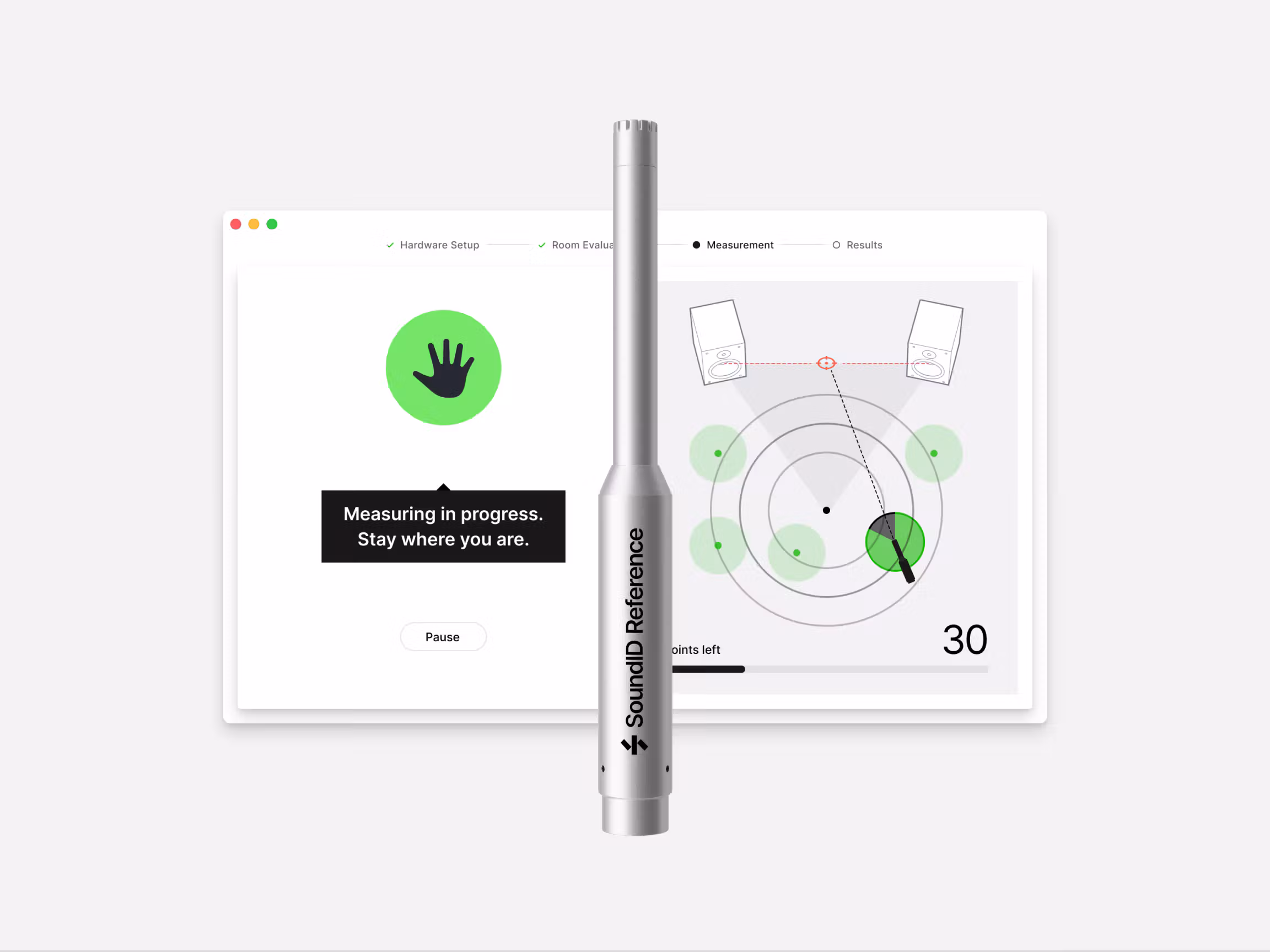 SoundID Reference Measure app guiding a room measurement with the measurement microphone