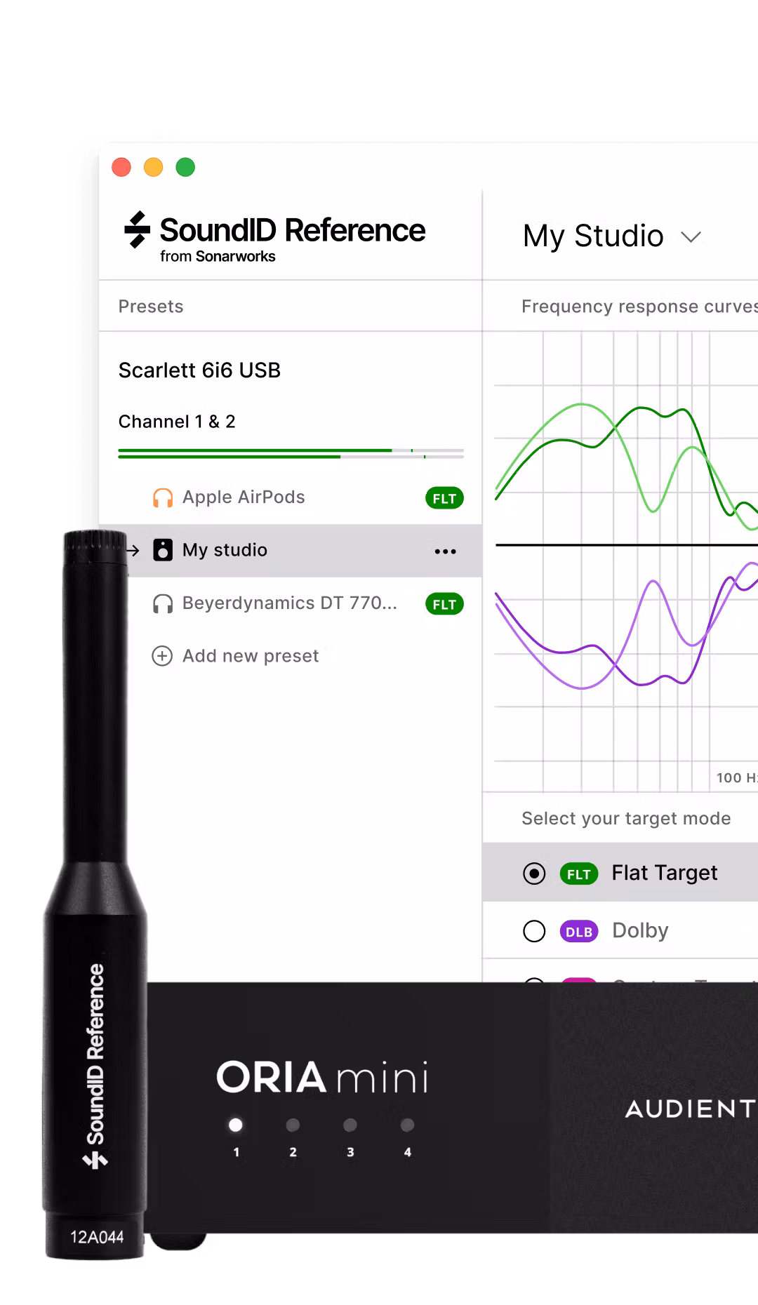 SoundID Reference software interface with frequency response curves shown, alongside SoundID measurement microphone and Audient ORIA Mini hardware.