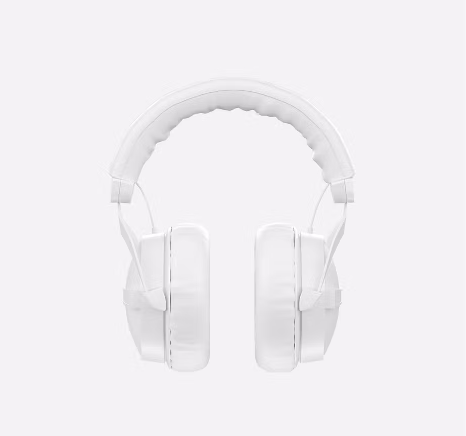 Front view of white over-ear studio headphones with padded leather headband and closed-back ear cups, isolated on white background.