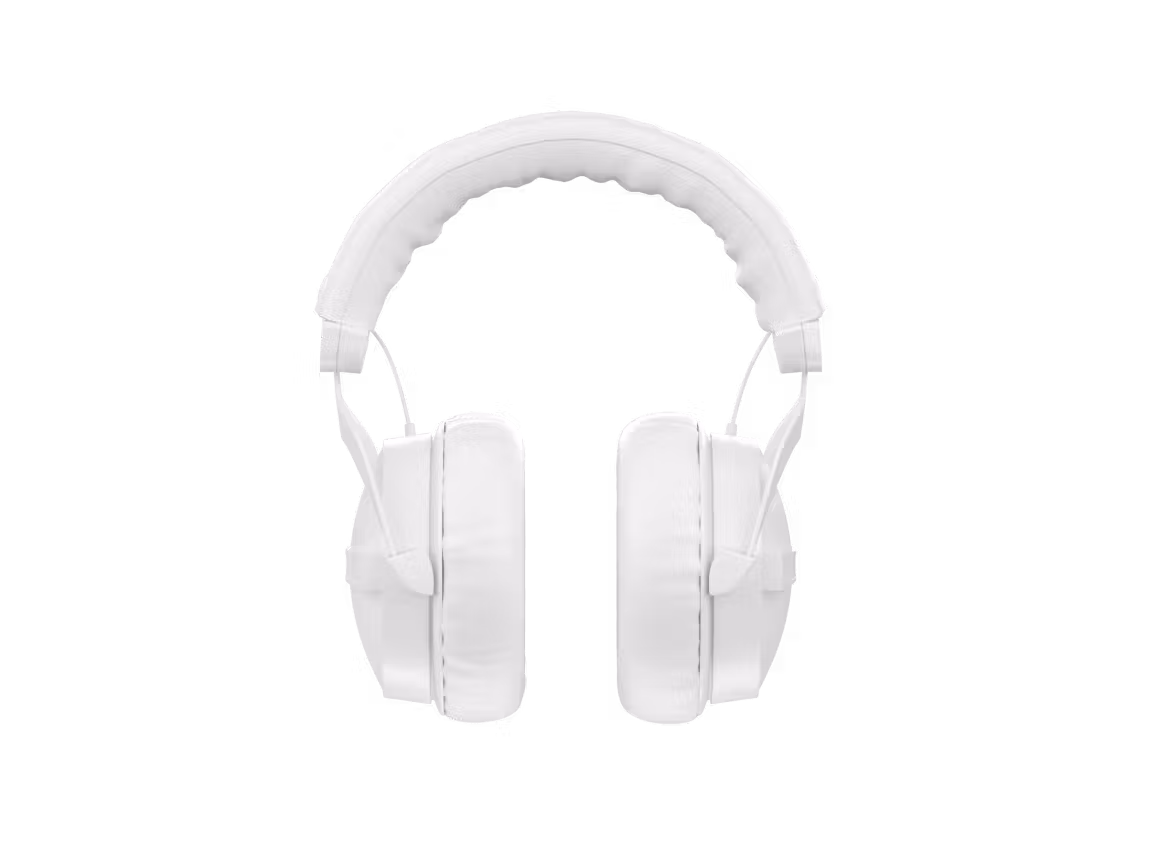 Front view of white over-ear studio headphones with padded leather headband and closed-back ear cups, isolated on white background.