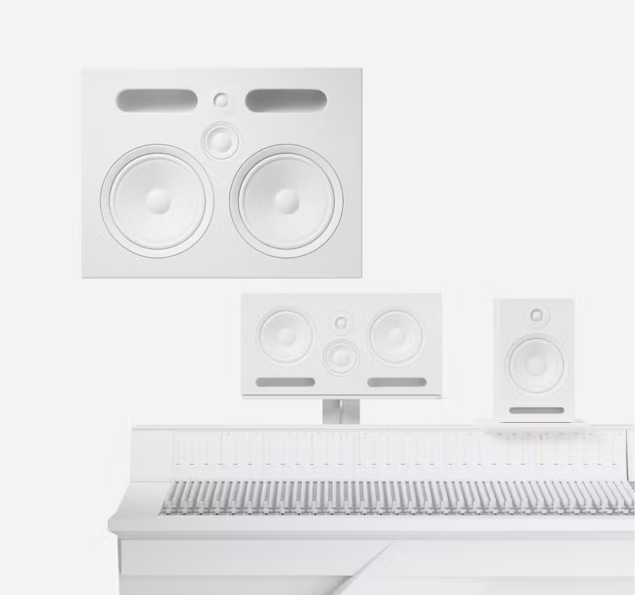 White minimalist recording studio with large white monitor speakers and a professional mixing console viewed from the front.