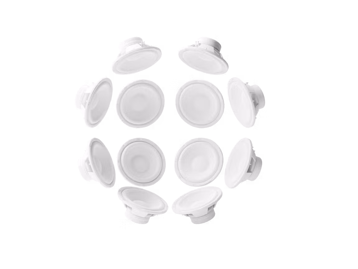 3D render of white studio speakers arranged in a circular sphere formation, symbolizing immersive surround sound environment.