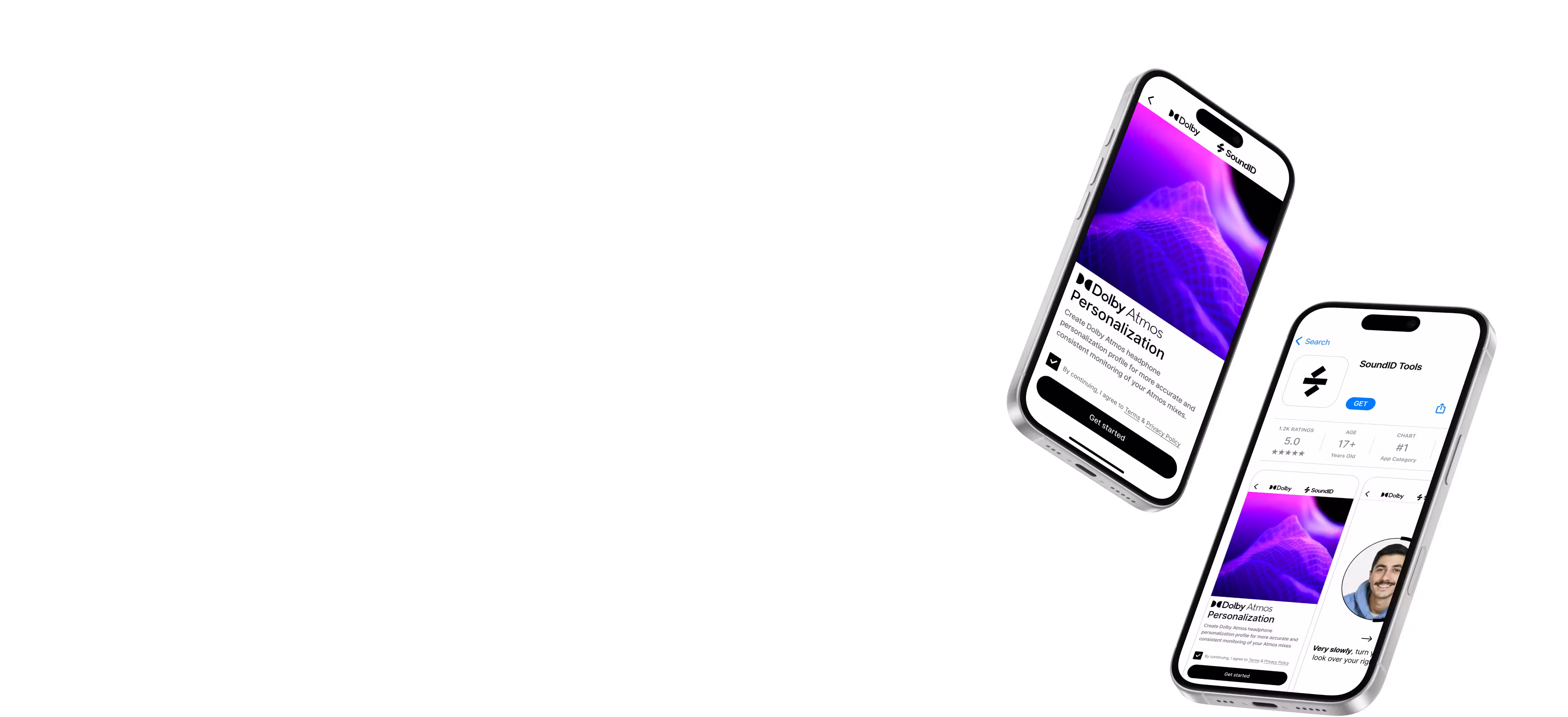 Two iPhone mockups showing Dolby Atmos Personalization setup and the SoundID Tools app listing on a black background.