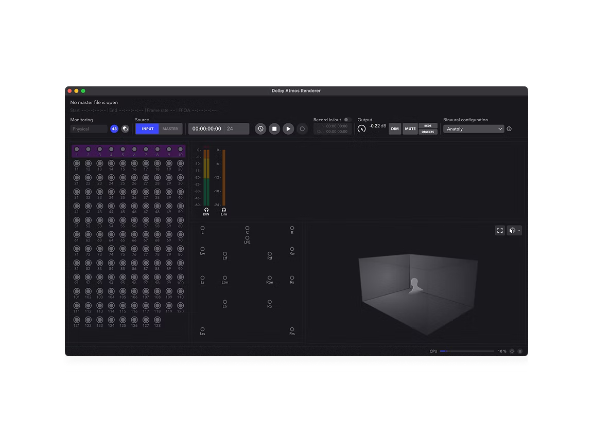 Dolby Atmos Renderer interface on macOS showing the input monitor grid, level meters, and binaural configuration panel.