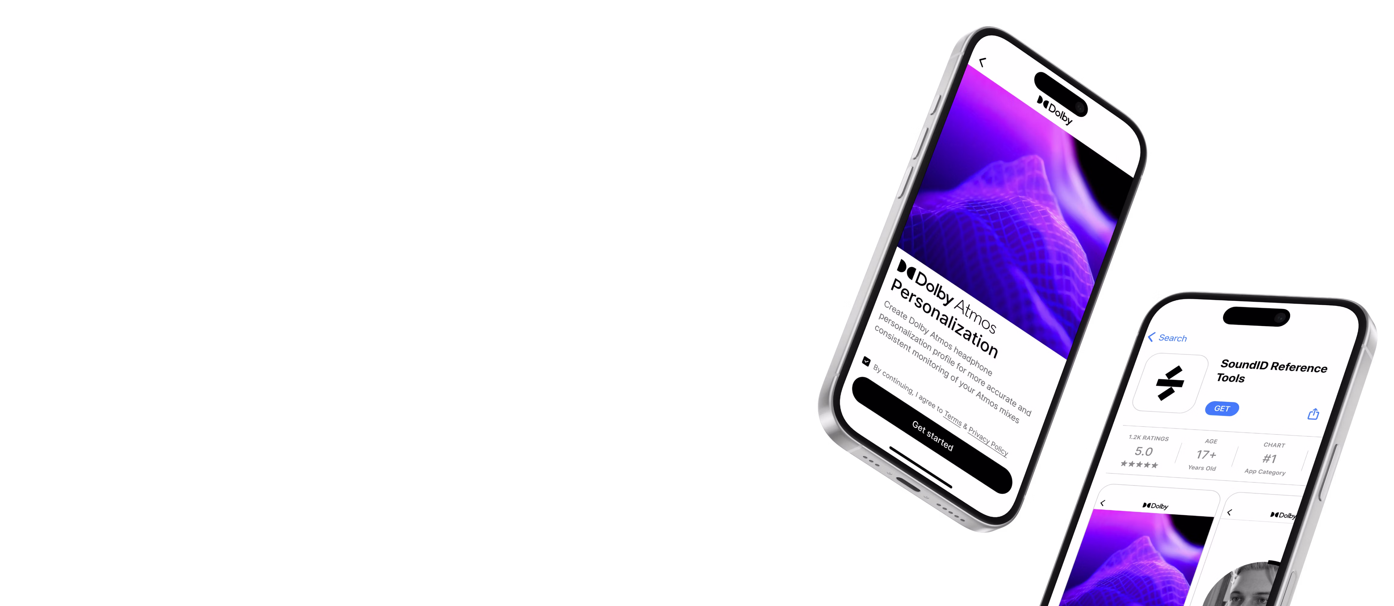 Promotional render of the SoundID Reference Tools mobile app showcasing Dolby Atmos Personalization on floating iPhones, highlighting personalized headphone monitoring for immersive audio creators.