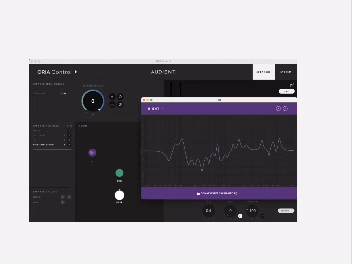 Audient ORIA Control software UI with speaker profiles, volume knob, and EQ window showing Sonarworks calibrated response curve.