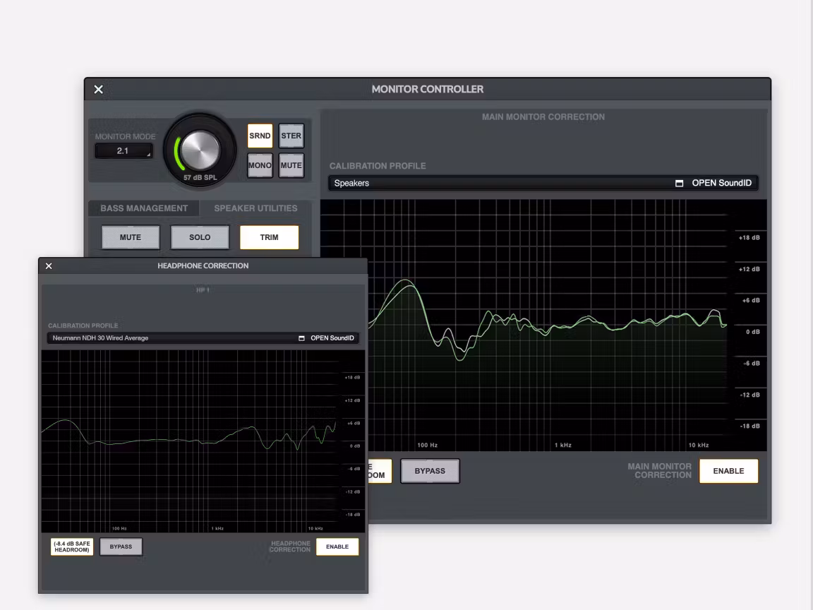 Monitor controller software showing SoundID headphone correction graph for Neumann NDH 30, with bypass and enable controls visible.