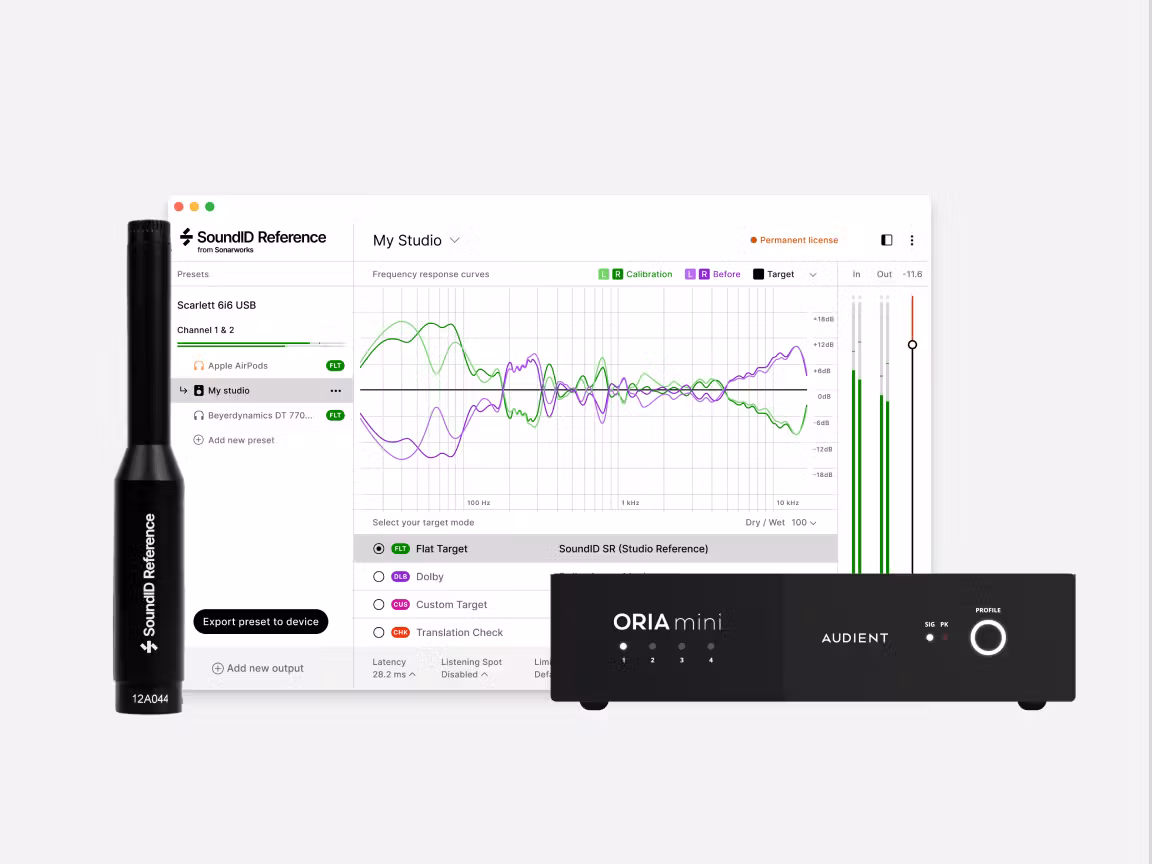 SoundID Reference app displaying calibration curves beside an Audient ORIA Mini interface and black measurement microphone on white.