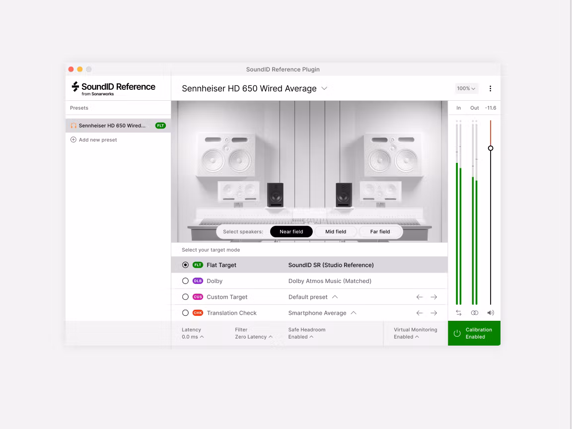 SoundID Reference plugin window with Sennheiser HD 650 preset selected, level meters on the right, and target modes including Flat Target.