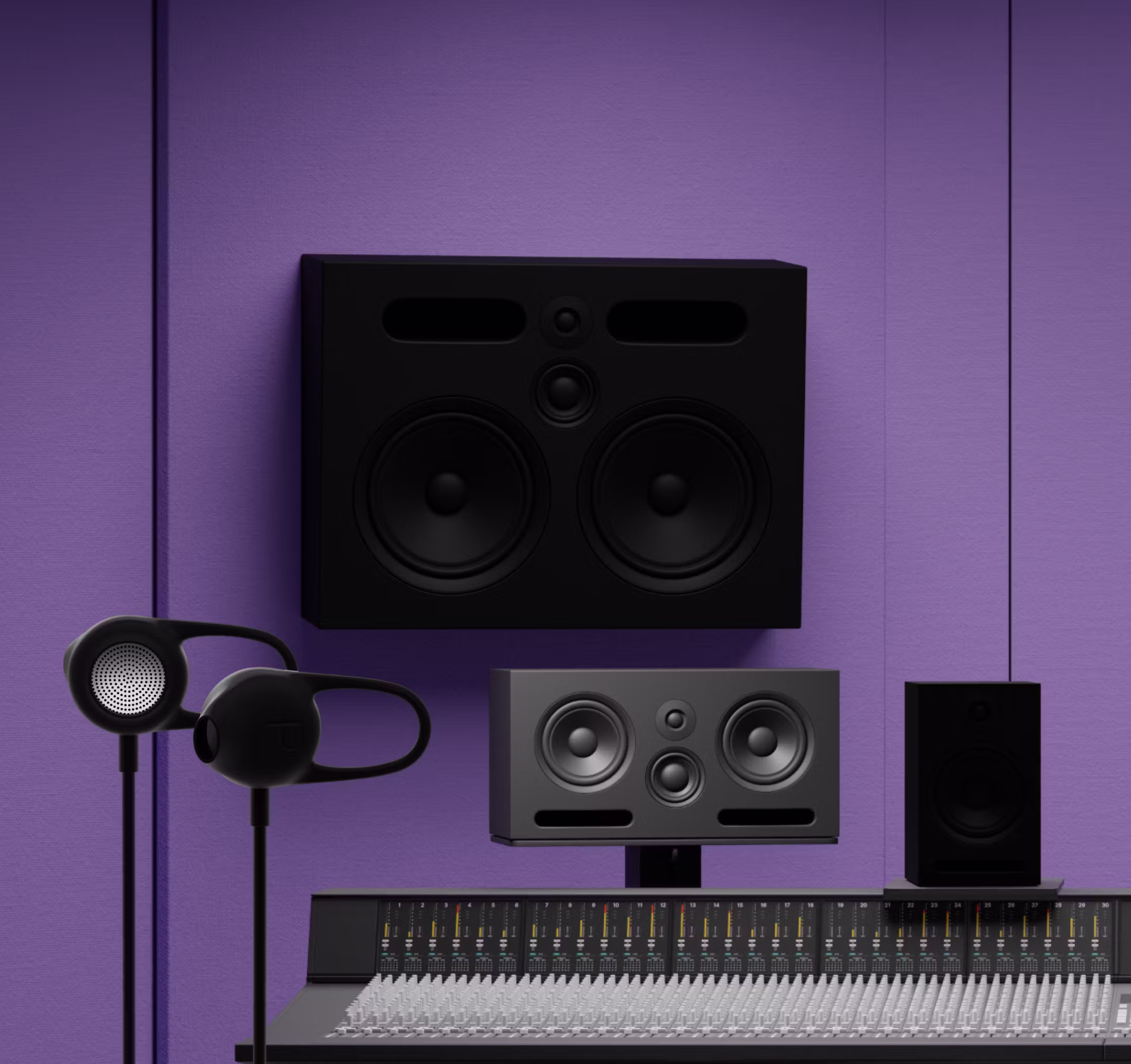 Professional studio setup with large black monitor speakers, in-ear reference headphones, and mixing console positioned against a vibrant purple acoustic wall, showcasing modern sound engineering aesthetics.