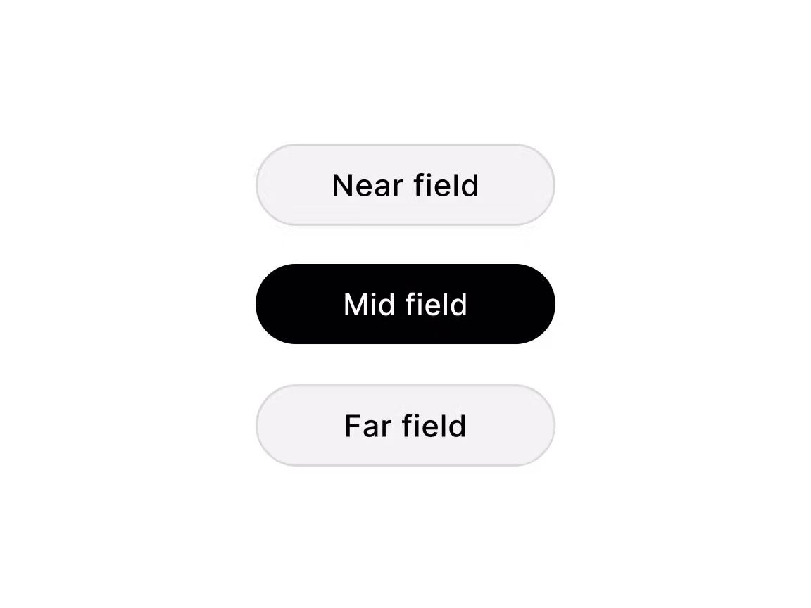 User interface buttons labeled Near field, Mid field, and Far field representing different studio monitoring distance options on a black background.