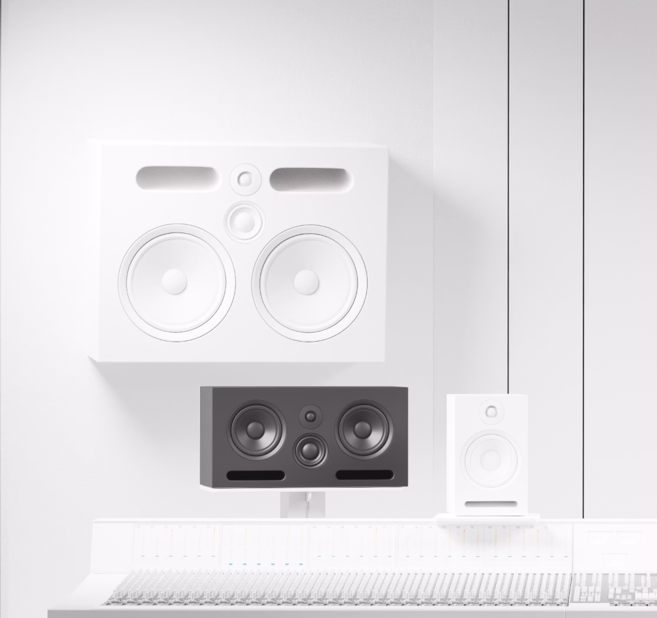 Modern recording studio monitor setup featuring large white wall-mounted speakers, a black nearfield monitor, and a small white reference speaker above a professional mixing console in a minimalist acoustic environment.