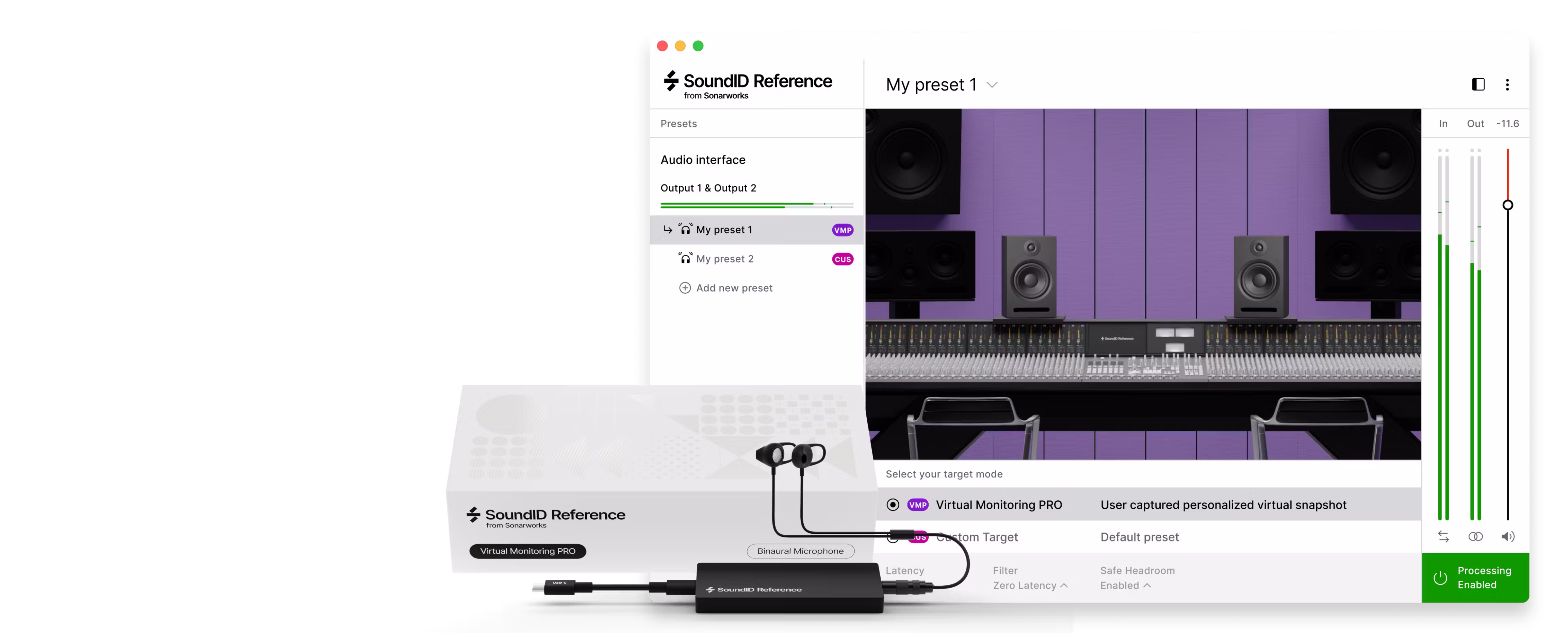 SoundID Reference software interface showing virtual studio monitoring setup with a mixing console, speakers, and binaural microphone hardware connected.
