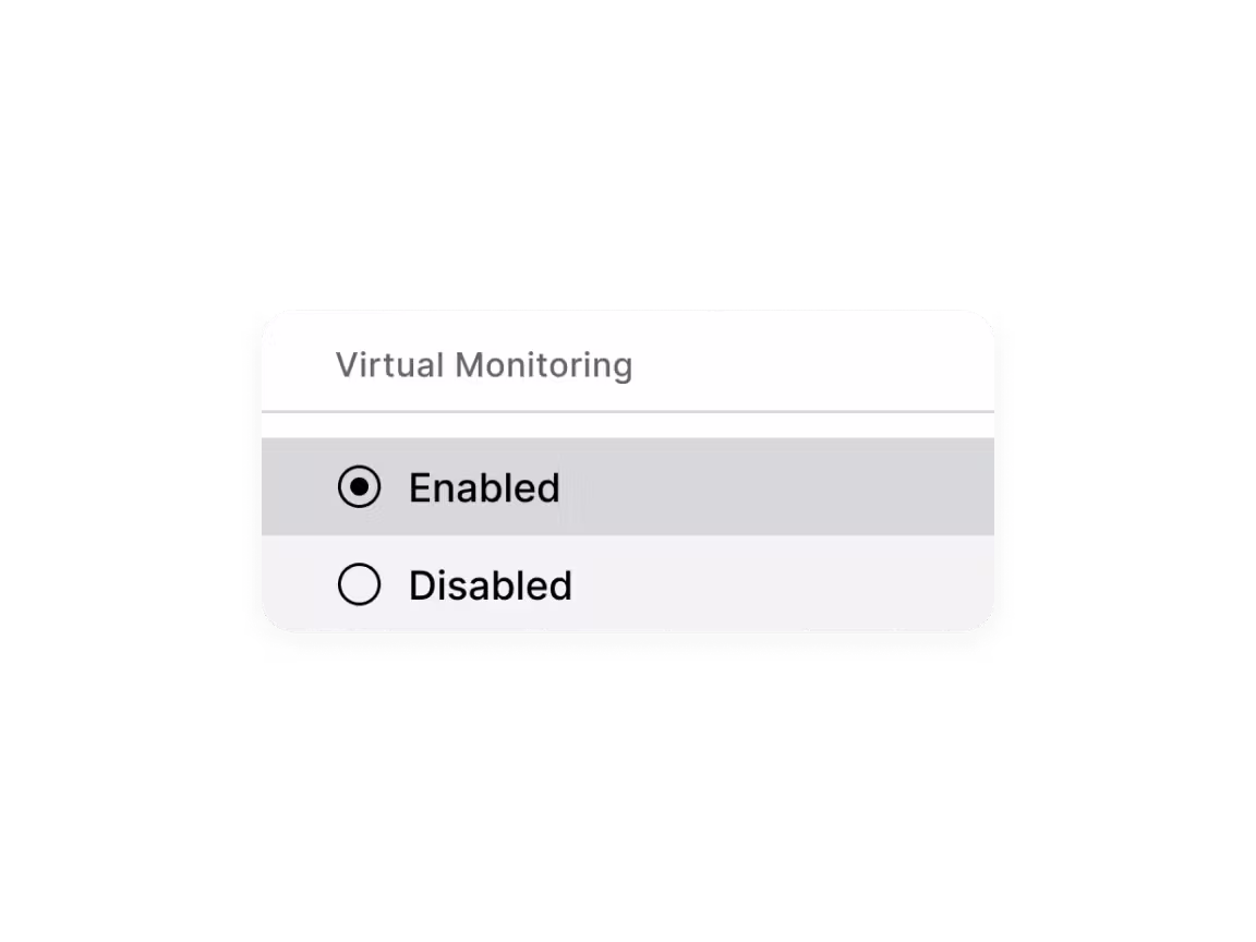 Software interface toggle displaying Virtual Monitoring setting with the Enabled option selected and the Disabled option below it.