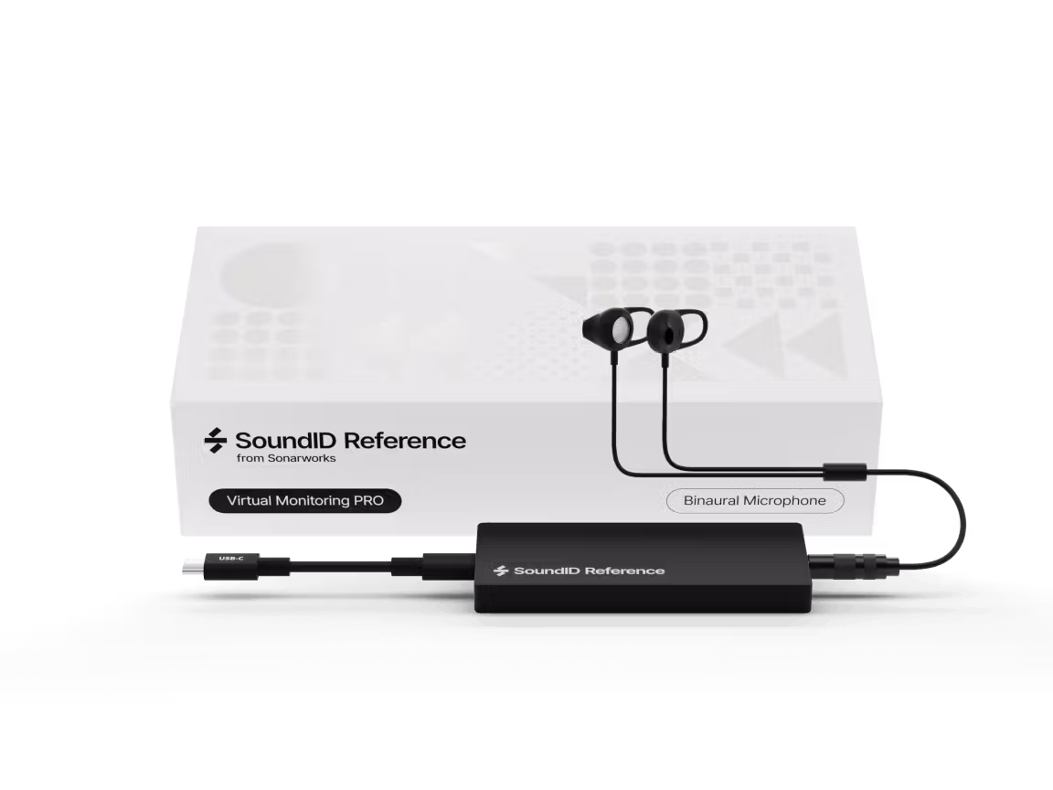 SoundID Reference Virtual Monitoring PRO package featuring a black binaural microphone and USB-C audio interface on a white geometric-patterned box.