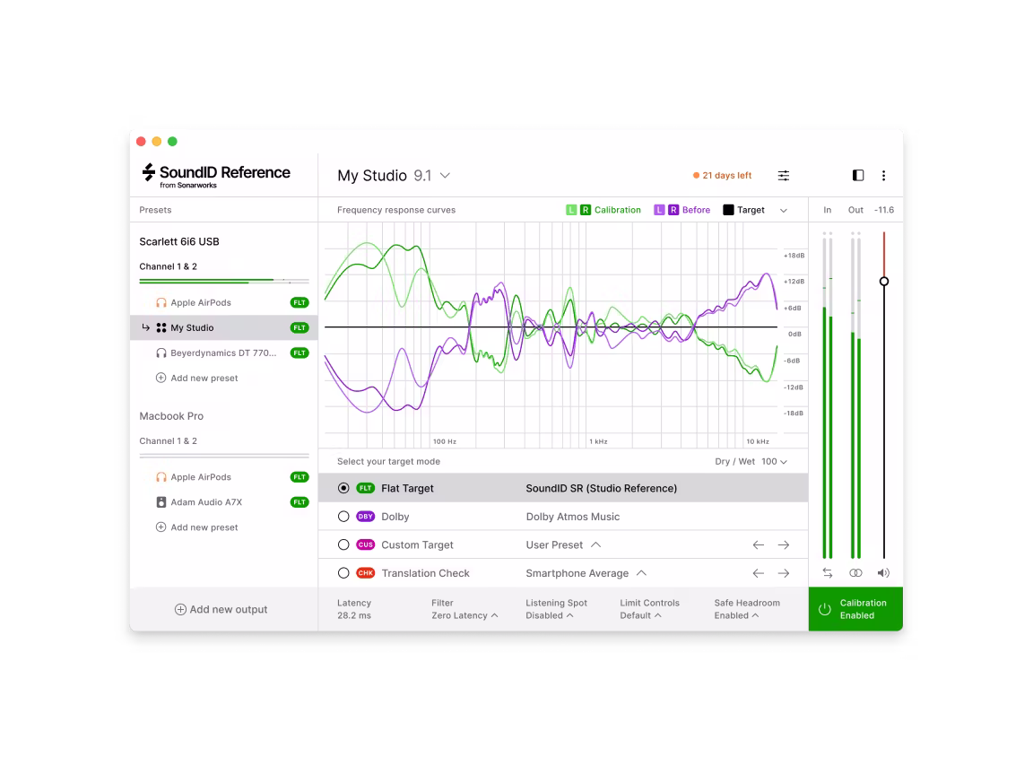 SoundID Reference software interface displaying studio calibration graphs with frequency response curves, target profiles, and active audio output monitoring.