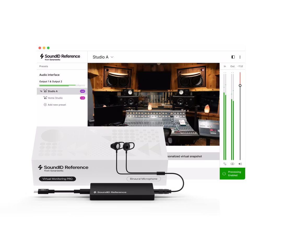 SoundID Reference Studio A interface with virtual control room view, level meters, binaural microphone, and USB audio device.