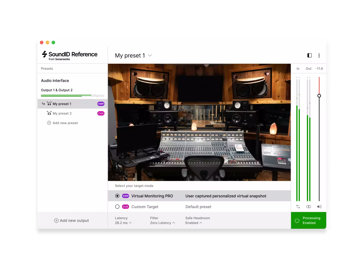 SoundID Reference VM PRO software over a professional audio mixing studio with large console, studio monitors, meters, and control room setup visible.