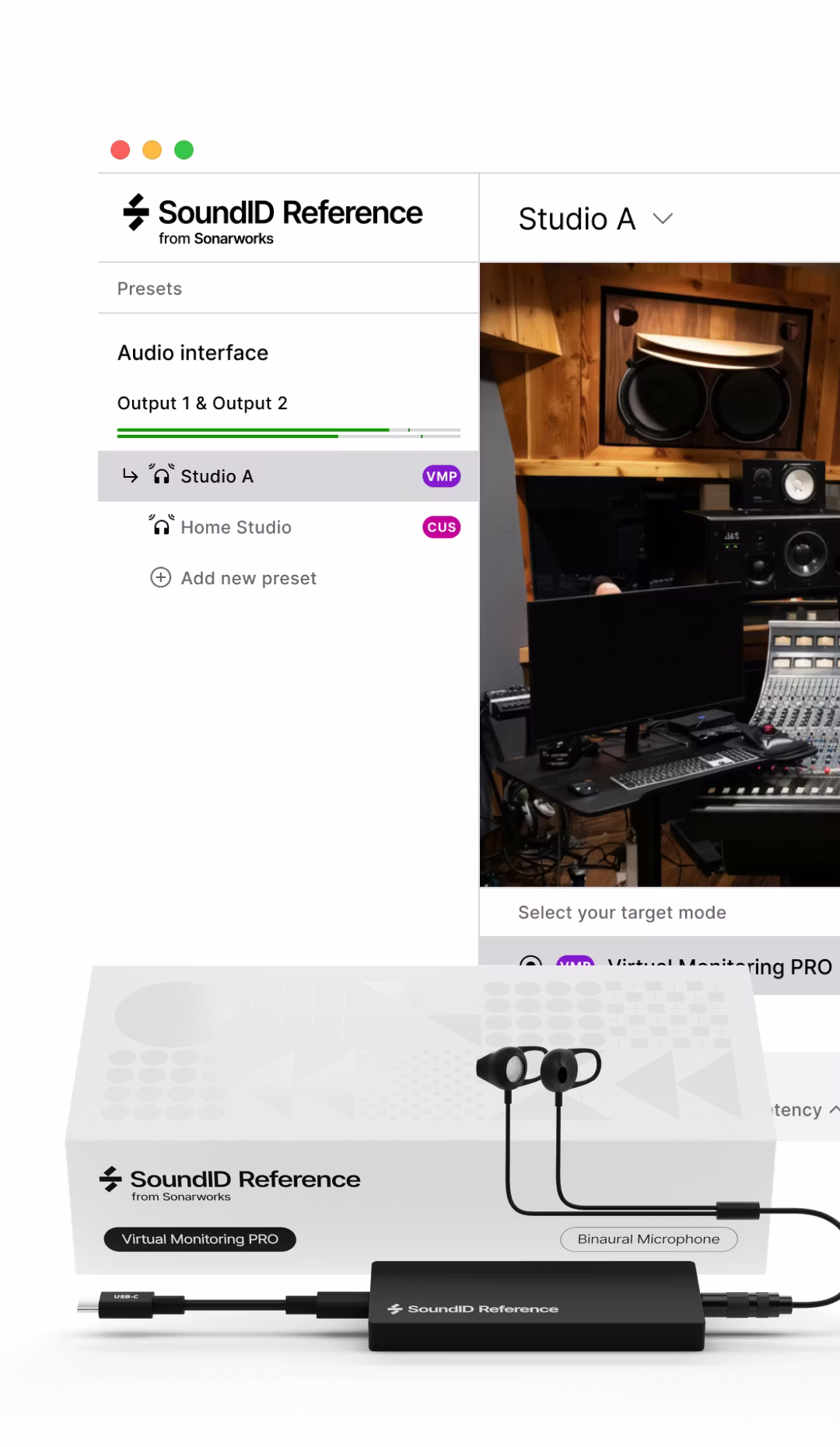 SoundID Reference Studio A interface with Virtual Monitoring PRO box, binaural microphone, and USB-C audio device.