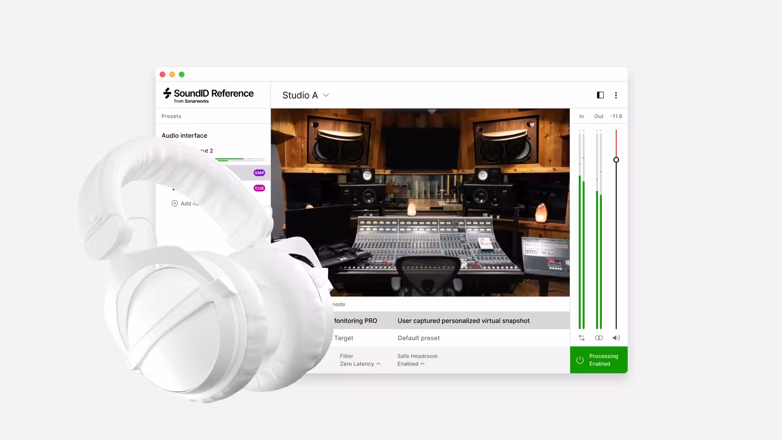 Engineer mixing on over-ear headphones with a cloned studio profile loaded anywhere