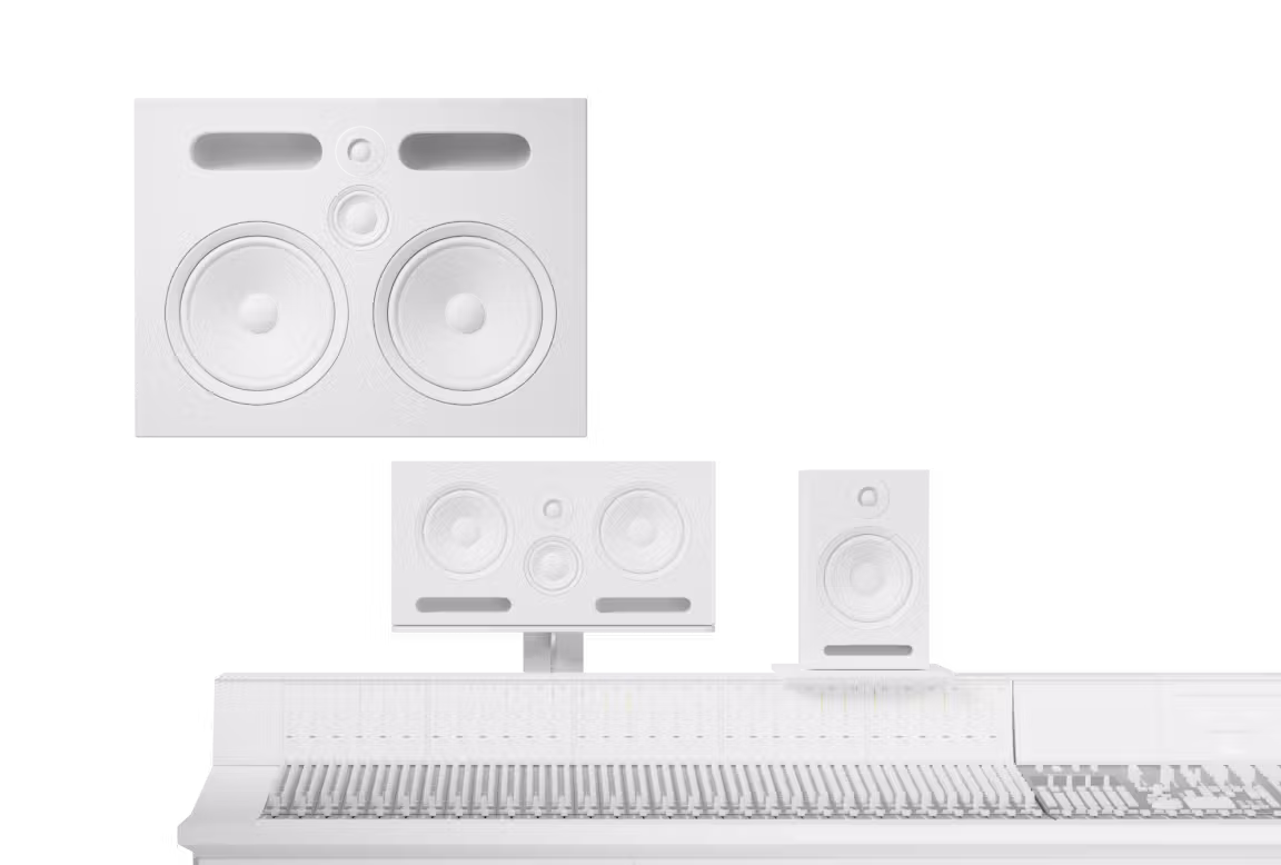 White studio monitor speakers and mixing console arranged in a professional control room setup, minimalistic design on black background.